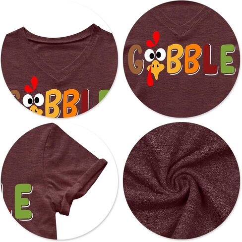 Thanksgiving Turkey Shirt for Women: Gobble Thankful Graphic T-Shirt Fall V Neck Blouse Tees in Kuwait