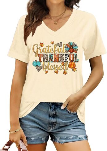 Thanksgiving Turkey Shirt for Women: Gobble Thankful Graphic T-Shirt Fall V Neck Blouse Tees in Kuwait