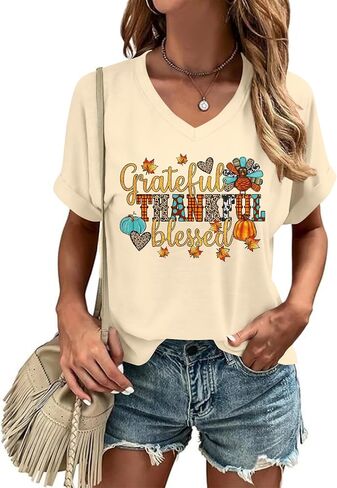 Thanksgiving Turkey Shirt for Women: Gobble Thankful Graphic T-Shirt Fall V Neck Blouse Tees in Kuwait