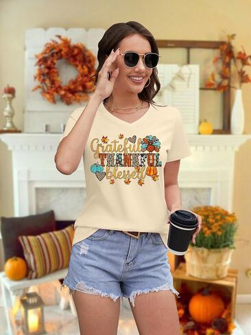 Thanksgiving Turkey Shirt for Women: Gobble Thankful Graphic T-Shirt Fall V Neck Blouse Tees in Kuwait