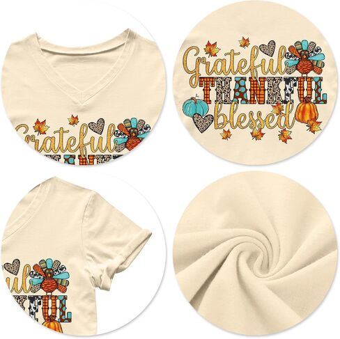 Thanksgiving Turkey Shirt for Women: Gobble Thankful Graphic T-Shirt Fall V Neck Blouse Tees in Kuwait