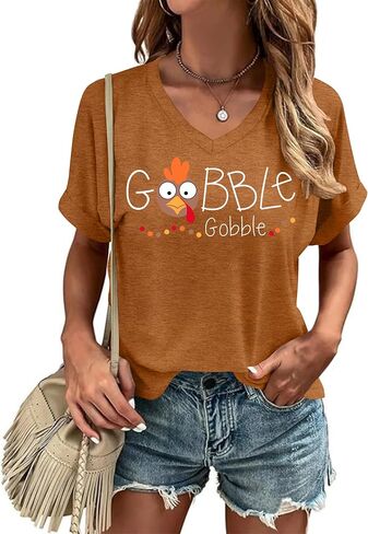 Thanksgiving Turkey Shirt for Women: Gobble Thankful Graphic T-Shirt Fall V Neck Blouse Tees in Kuwait