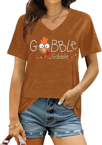 Thanksgiving Turkey Shirt for Women: Gobble Thankful Graphic T-Shirt Fall V Neck Blouse Tees in Kuwait