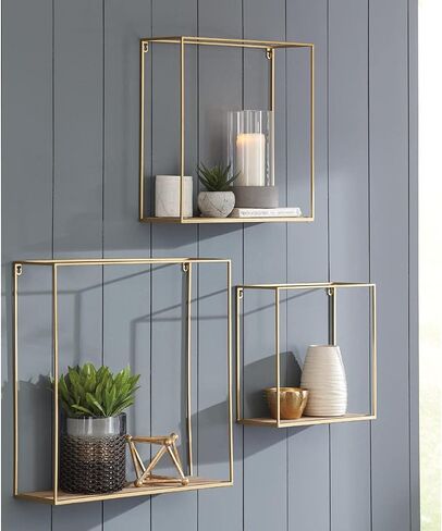 Signature Design by Ashley Efharis Shadow Box Set, 3 Piece Wall Shelf, Natural & Gold Finish in Saudi Arabia