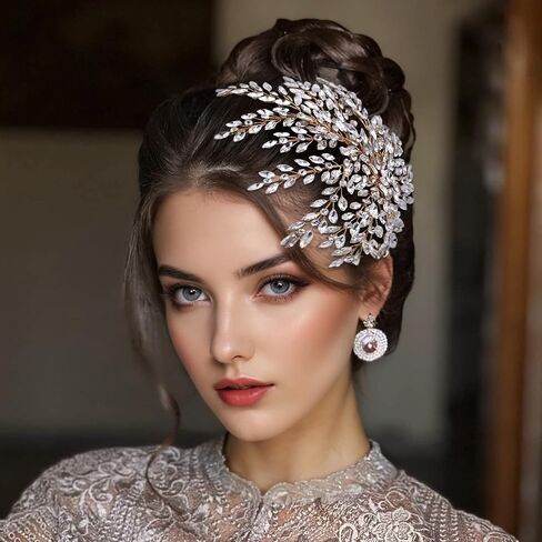 HONGMEI Bridal Rhinestone Headpiece for Wedding，Leaf Crystal Hair Pieces Bride Side Headpieces Wedding Hair Accessories for Women (Silver) in Kuwait