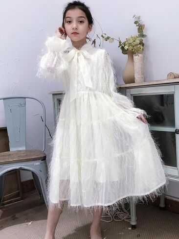 New 5-14Y [Brand Name] Girls White Feathered Dress Long Sleeve Tie Neck Boho Ethereal Party Photoshoot in Saudi Arabia