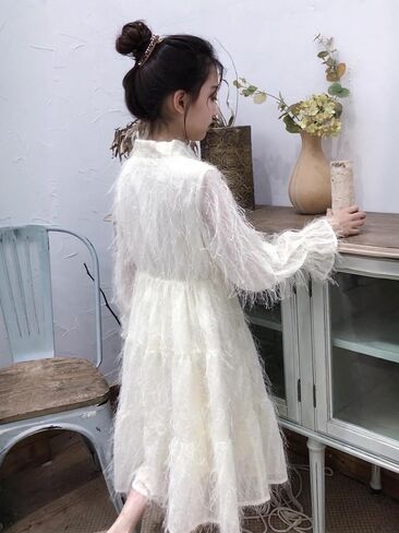 New 5-14Y [Brand Name] Girls White Feathered Dress Long Sleeve Tie Neck Boho Ethereal Party Photoshoot in Saudi Arabia