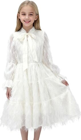 New 5-14Y [Brand Name] Girls White Feathered Dress Long Sleeve Tie Neck Boho Ethereal Party Photoshoot in Saudi Arabia