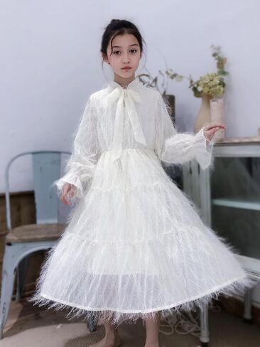 New 5-14Y [Brand Name] Girls White Feathered Dress Long Sleeve Tie Neck Boho Ethereal Party Photoshoot in Saudi Arabia