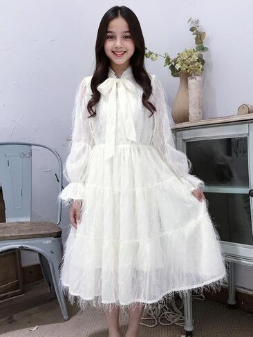 New 5-14Y [Brand Name] Girls White Feathered Dress Long Sleeve Tie Neck Boho Ethereal Party Photoshoot in Saudi Arabia