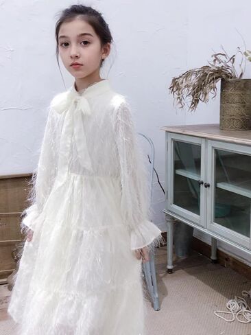 New 5-14Y [Brand Name] Girls White Feathered Dress Long Sleeve Tie Neck Boho Ethereal Party Photoshoot in Saudi Arabia