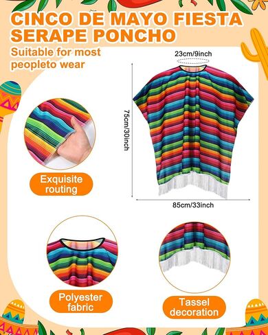 Panitay 24 PCS Mexican Poncho and Sombrero Set and Fiesta Netclaces Bead ، Cinco de Mayo Meo Meoxican Fiesta serape poncho with Straw Sombrero Haptonds costum in Kuwait