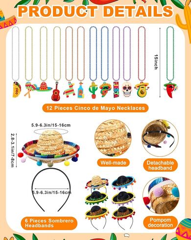 Panitay 24 PCS Mexican Poncho and Sombrero Set and Fiesta Netclaces Bead ، Cinco de Mayo Meo Meoxican Fiesta serape poncho with Straw Sombrero Haptonds costum in Kuwait