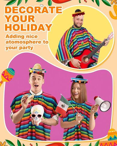 Panitay 24 PCS Mexican Poncho and Sombrero Set and Fiesta Netclaces Bead ، Cinco de Mayo Meo Meoxican Fiesta serape poncho with Straw Sombrero Haptonds costum in Kuwait