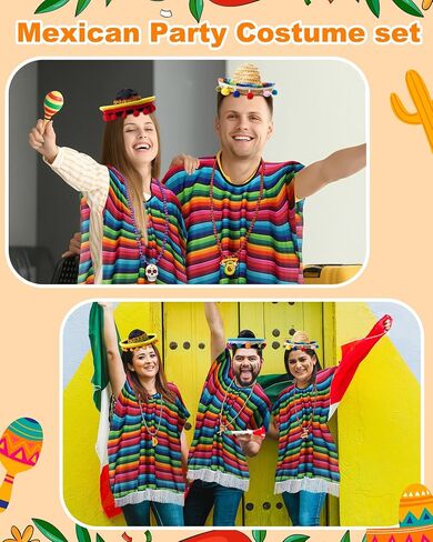 Panitay 24 PCS Mexican Poncho and Sombrero Set and Fiesta Netclaces Bead ، Cinco de Mayo Meo Meoxican Fiesta serape poncho with Straw Sombrero Haptonds costum in Kuwait