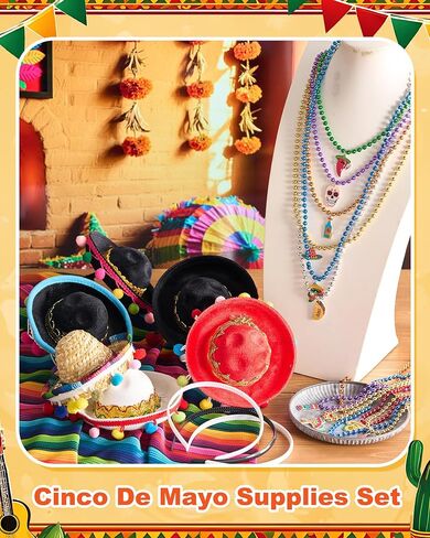 Panitay 24 PCS Mexican Poncho and Sombrero Set and Fiesta Netclaces Bead ، Cinco de Mayo Meo Meoxican Fiesta serape poncho with Straw Sombrero Haptonds costum in Kuwait