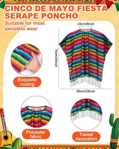 Panitay 24 PCS Mexican Poncho and Sombrero Set and Fiesta Netclaces Bead ، Cinco de Mayo Meo Meoxican Fiesta serape poncho with Straw Sombrero Haptonds costum in Kuwait