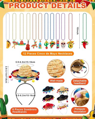 Panitay 24 PCS Mexican Poncho and Sombrero Set and Fiesta Netclaces Bead ، Cinco de Mayo Meo Meoxican Fiesta serape poncho with Straw Sombrero Haptonds costum in Kuwait
