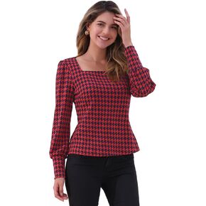 Allegra K Houndstooth Tops for Women's 1950s Vintage Bishop Sleeve Square Neck Blouse in Saudi Arabia