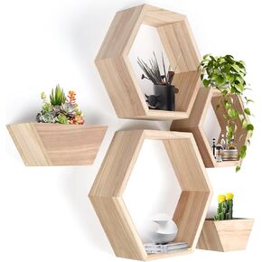Wooden Hexagon Floating Shelves Set of 5 Wall Mounted Honeycomb Shelf octogone shelve Geometric Shaped Organizer for Living Room Bathroom Bedroom Guest Room Decor Accessories nartural in Saudi Arabia
