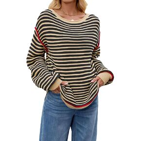 Womens Long Sleeve Striped Sweaters Casual Warm Crew Neck Knit Pullover Sweater Tops in Saudi Arabia