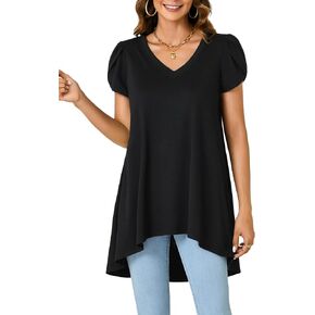 LYANER Women's V Neck High Low Hem Short Sleeve Flowy Blouse Tunic T-Shirt Top in Kuwait