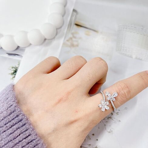 Dainty Crystal Butterfly Flower Wrap Open Promise Finger Ring for Women Adjustable Band Cute Delicate Rhinestone Animal Knuckle Rings Comfort Fit Wedding Engagement Bride Party Fashion Jewelry for Her in Saudi Arabia
