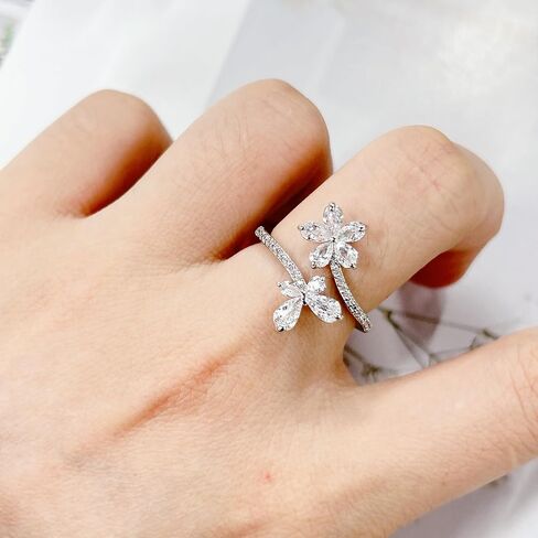 Dainty Crystal Butterfly Flower Wrap Open Promise Finger Ring for Women Adjustable Band Cute Delicate Rhinestone Animal Knuckle Rings Comfort Fit Wedding Engagement Bride Party Fashion Jewelry for Her in Saudi Arabia