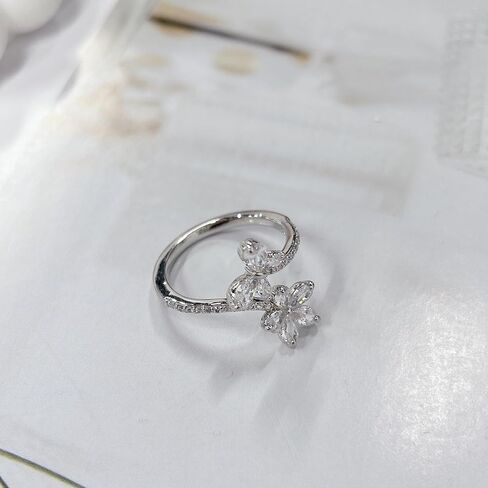 Dainty Crystal Butterfly Flower Wrap Open Promise Finger Ring for Women Adjustable Band Cute Delicate Rhinestone Animal Knuckle Rings Comfort Fit Wedding Engagement Bride Party Fashion Jewelry for Her in Saudi Arabia