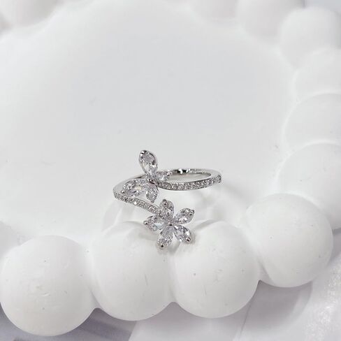 Dainty Crystal Butterfly Flower Wrap Open Promise Finger Ring for Women Adjustable Band Cute Delicate Rhinestone Animal Knuckle Rings Comfort Fit Wedding Engagement Bride Party Fashion Jewelry for Her in Saudi Arabia