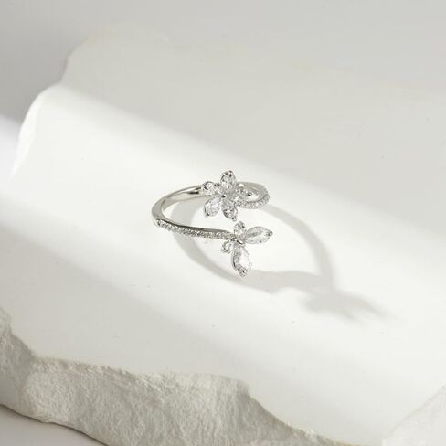 Dainty Crystal Butterfly Flower Wrap Open Promise Finger Ring for Women Adjustable Band Cute Delicate Rhinestone Animal Knuckle Rings Comfort Fit Wedding Engagement Bride Party Fashion Jewelry for Her in Saudi Arabia