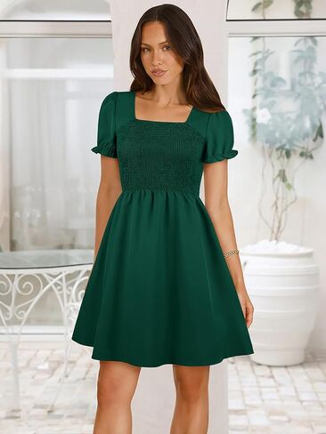 Women's Summer Dresses with Pockets 2025 Short Sleeve Square Neck Flowy A Line Casual Beach Smocked Mini Sun Dress in Saudi Arabia