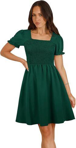 Women's Summer Dresses with Pockets 2025 Short Sleeve Square Neck Flowy A Line Casual Beach Smocked Mini Sun Dress in Saudi Arabia