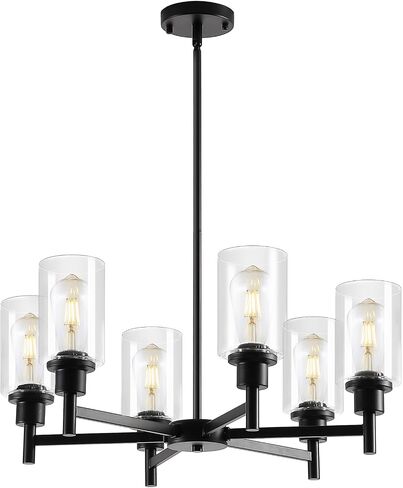 9MMML Farmhouse 6-Light Glass Chandelier, Modern Black Light Fixture for Kitchen Dining Room Over Table, Industrial Lighting for Living Room, Foyer, Entryway, E26 Bulb Base in Saudi Arabia