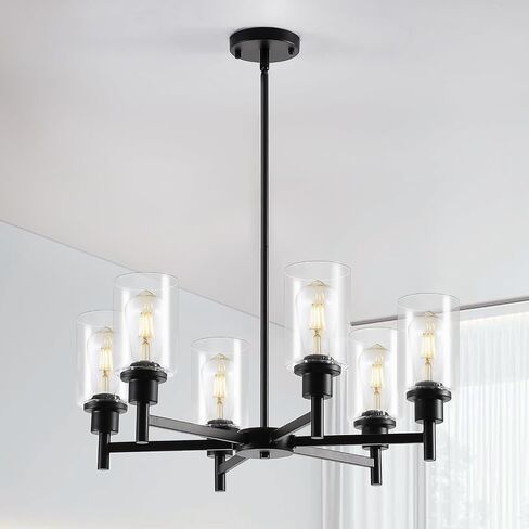 9MMML Farmhouse 6-Light Glass Chandelier, Modern Black Light Fixture for Kitchen Dining Room Over Table, Industrial Lighting for Living Room, Foyer, Entryway, E26 Bulb Base in Saudi Arabia