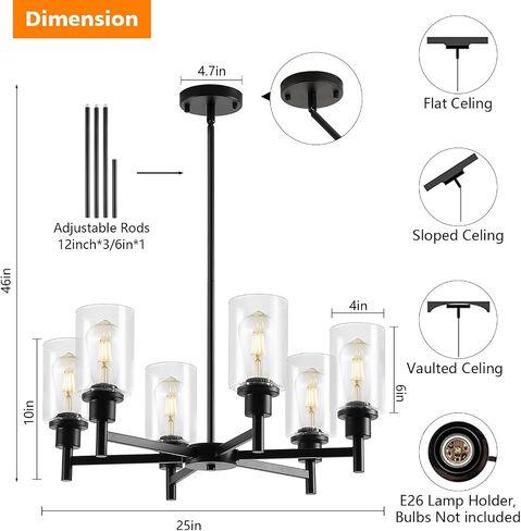 9MMML Farmhouse 6-Light Glass Chandelier, Modern Black Light Fixture for Kitchen Dining Room Over Table, Industrial Lighting for Living Room, Foyer, Entryway, E26 Bulb Base in Saudi Arabia