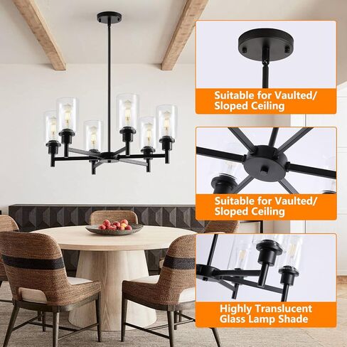 9MMML Farmhouse 6-Light Glass Chandelier, Modern Black Light Fixture for Kitchen Dining Room Over Table, Industrial Lighting for Living Room, Foyer, Entryway, E26 Bulb Base in Saudi Arabia