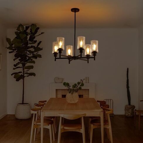 9MMML Farmhouse 6-Light Glass Chandelier, Modern Black Light Fixture for Kitchen Dining Room Over Table, Industrial Lighting for Living Room, Foyer, Entryway, E26 Bulb Base in Saudi Arabia
