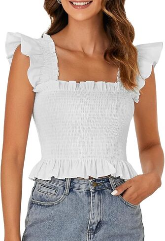 Rooscier Women's Smocked Ruffle Cap Sleeve Square Neck Peplum Blouse Top Plain White Small in Saudi Arabia