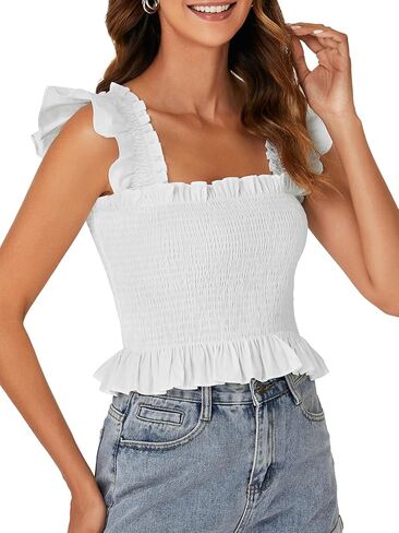 Rooscier Women's Smocked Ruffle Cap Sleeve Square Neck Peplum Blouse Top Plain White Small in Saudi Arabia