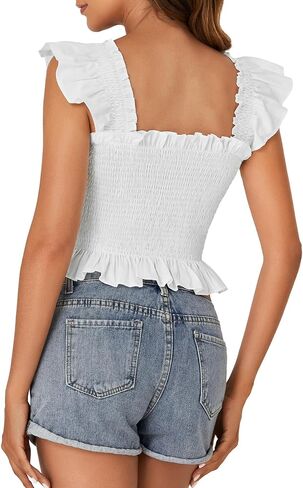 Rooscier Women's Smocked Ruffle Cap Sleeve Square Neck Peplum Blouse Top Plain White Small in Saudi Arabia