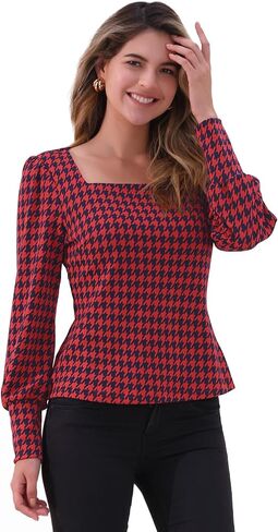 بلوزة Allegra K Houndstooth للسيدات من الخمسينيات بأكمام أسقف كلاسيكية ورقبة مربعة in Saudi Arabia