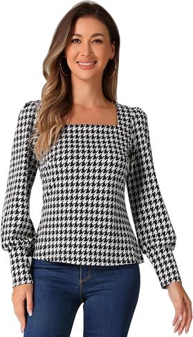 Allegra K Houndstooth Tops for Women's 1950s Vintage Bishop Sleeve Square Neck Blouse in Saudi Arabia