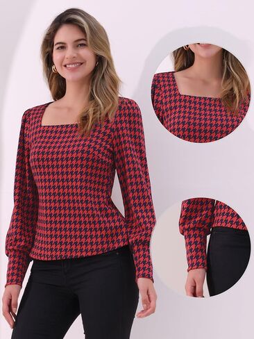 بلوزة Allegra K Houndstooth للسيدات من الخمسينيات بأكمام أسقف كلاسيكية ورقبة مربعة in Saudi Arabia