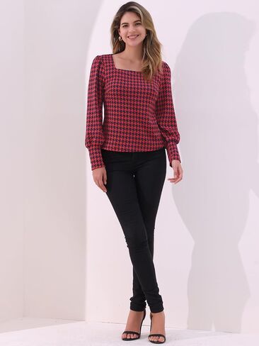 بلوزة Allegra K Houndstooth للسيدات من الخمسينيات بأكمام أسقف كلاسيكية ورقبة مربعة in Saudi Arabia