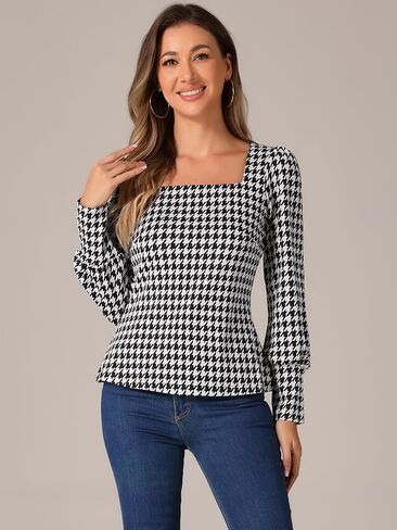 Allegra K Houndstooth Tops for Women's 1950s Vintage Bishop Sleeve Square Neck Blouse in Saudi Arabia