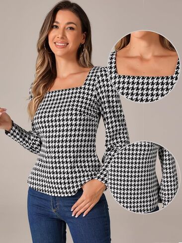 Allegra K Houndstooth Tops for Women's 1950s Vintage Bishop Sleeve Square Neck Blouse in Saudi Arabia