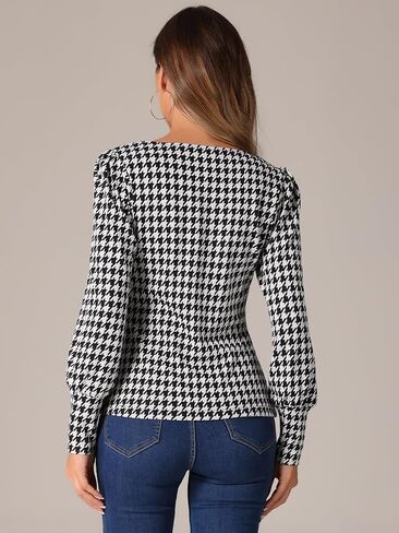 Allegra K Houndstooth Tops for Women's 1950s Vintage Bishop Sleeve Square Neck Blouse in Saudi Arabia