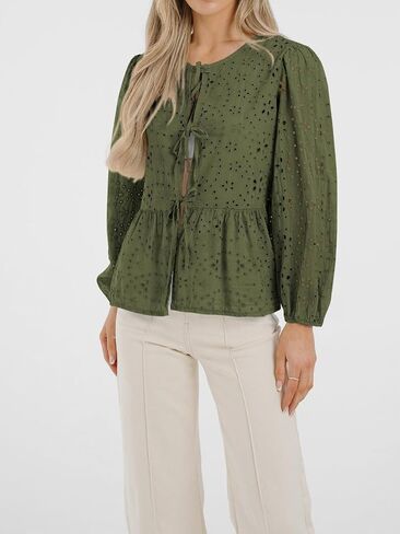 Fall Long Sleeve Shirts for Women 2025 Babydoll Eyelet Embroidered Bow Tie Button Cute Peplum Tops Blouses Dressy Casual in Saudi Arabia