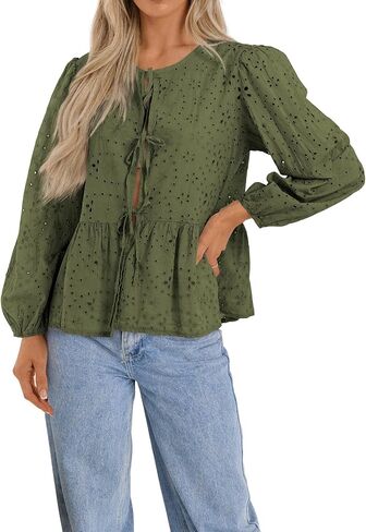 Fall Long Sleeve Shirts for Women 2025 Babydoll Eyelet Embroidered Bow Tie Button Cute Peplum Tops Blouses Dressy Casual in Saudi Arabia
